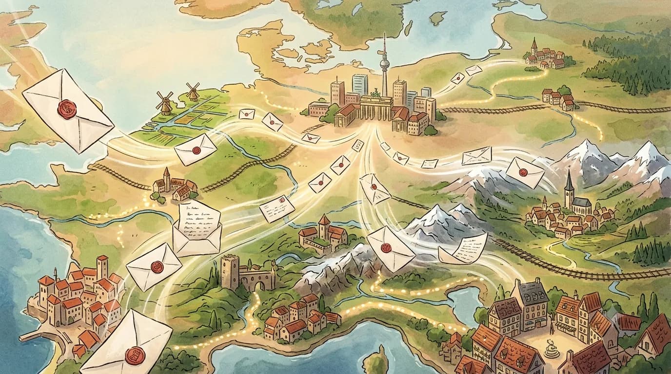 Handwritten letters fly across Europe, passing cities, rivers, railway lines, and mountains.