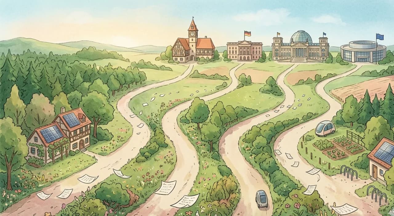 Vier Pfade einer Landschaft führen zu Rathaus, Landtag, Bundestag und EU-Parlament. Briefe wehen den Wegen entlang.