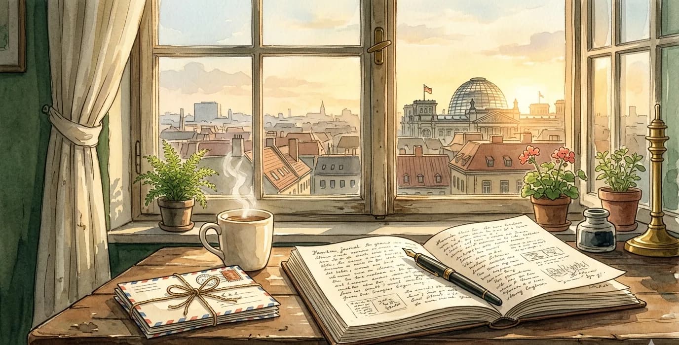 Offenes Tagebuch mit handgeschriebenen Seiten auf einem Holztisch, dahinter das Berliner Panorama mit dem Reichstag im Morgenlicht.