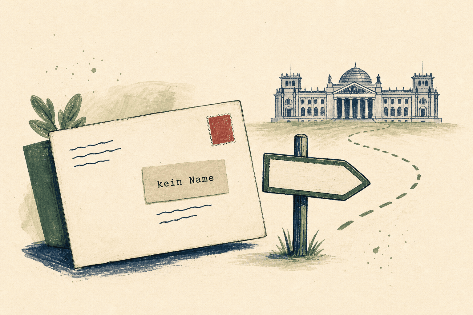 Illustration eines Briefs mit dem Hinweis kein Name, einem Wegweiser und dem Bundestag im Hintergrund