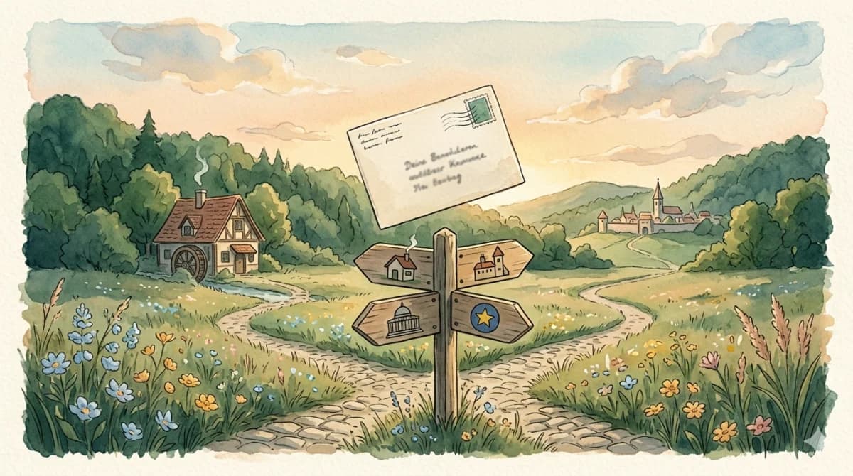 Ein Brief vor einem Wegweiser mit vier Schildern: Kommune, Land, Bund, EU
