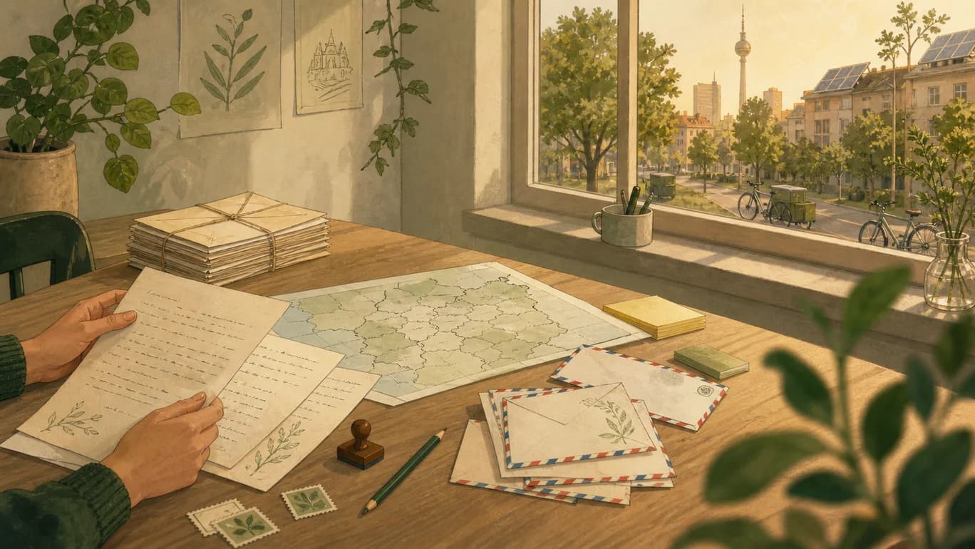 Illustration eines NGO-Tisches mit handgeschriebenen Briefen, Airmail-Umschlägen und einer Wahlkreiskarte vor einem hellen Berliner Fenster