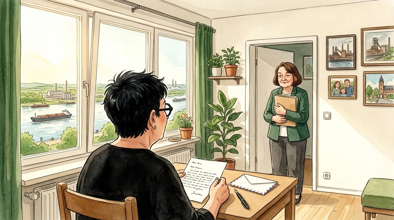 Illustration: Thomas' Mutter mit einem handgeschriebenen Brief in ihrer Wohnung in Duisburg-Homberg, während eine Mitarbeiterin aus dem Bundestagsbüro zu Besuch kommt