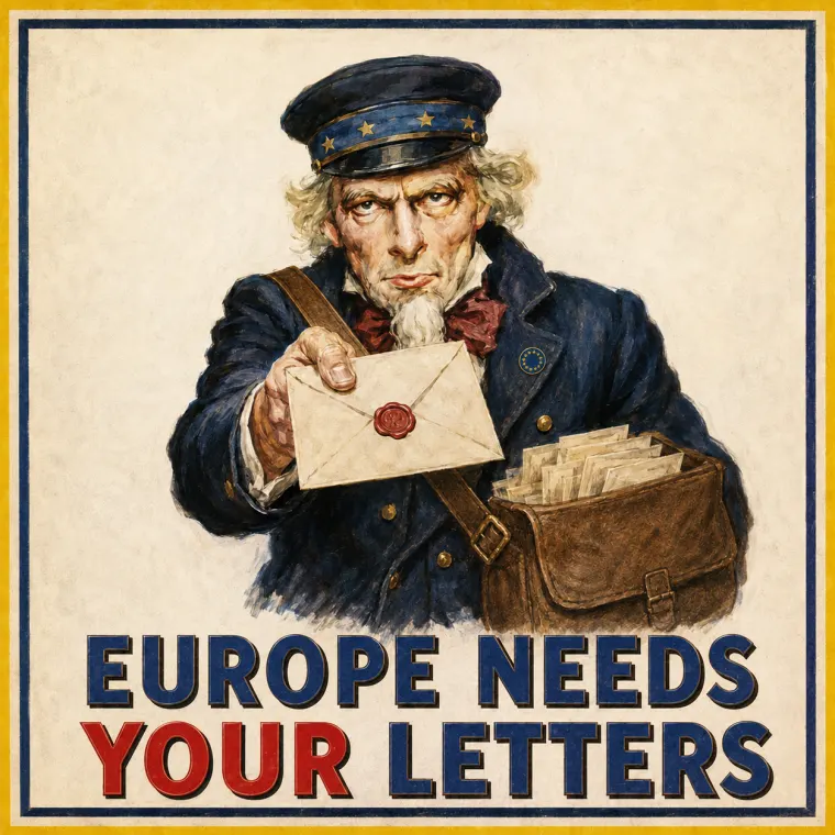 Poster illustration: a European postman holds out a letter, with the words Europe needs your letters below.