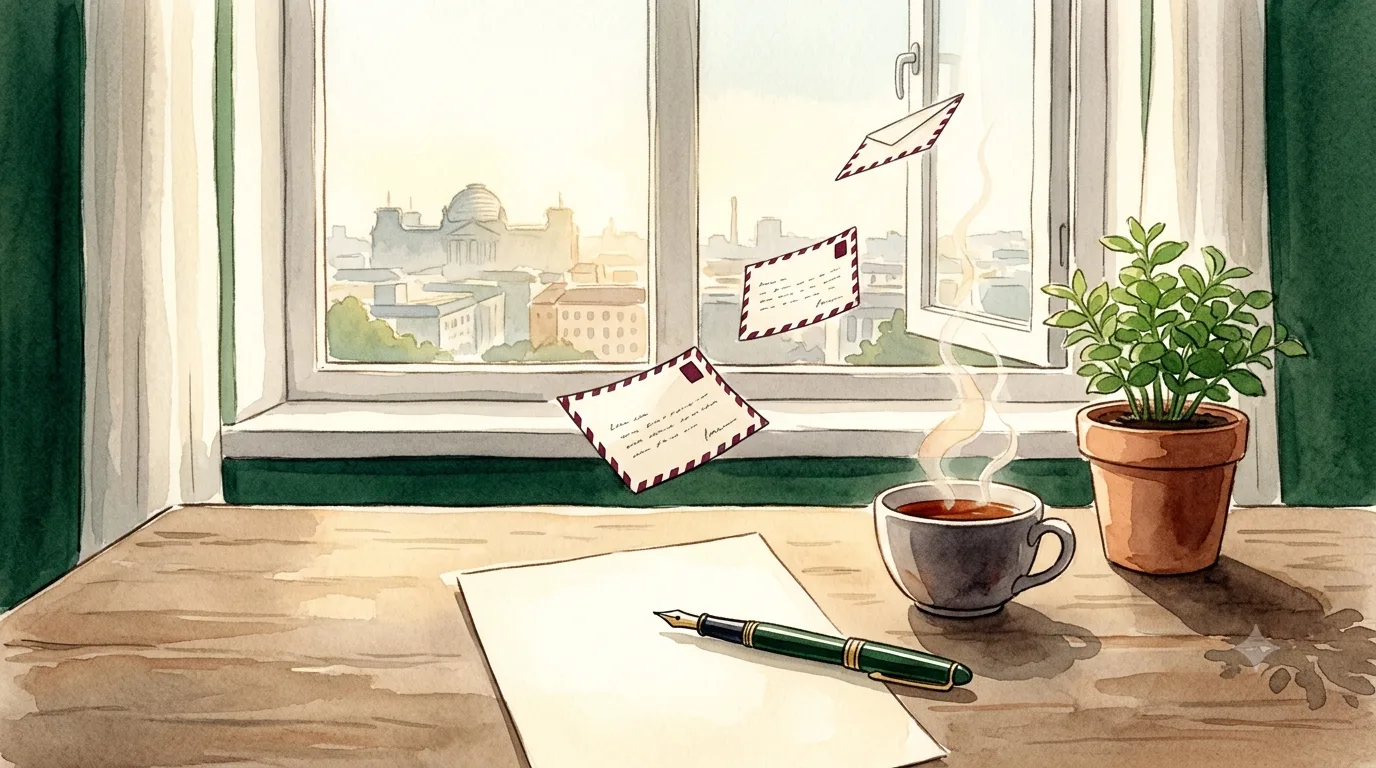 Aquarell: ein Schreibtisch am Fenster mit Stift, Brief und Teetasse, draußen die Reichstagskuppel