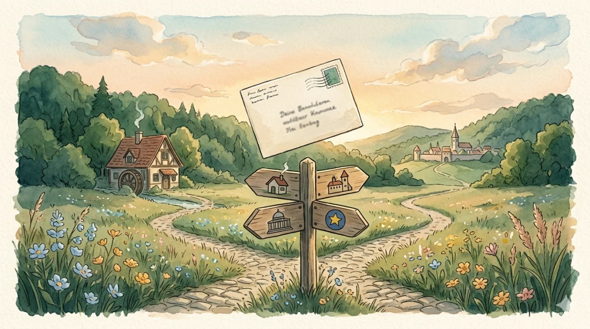 Ein Brief vor einem Wegweiser mit vier Schildern: Kommune, Land, Bund, EU