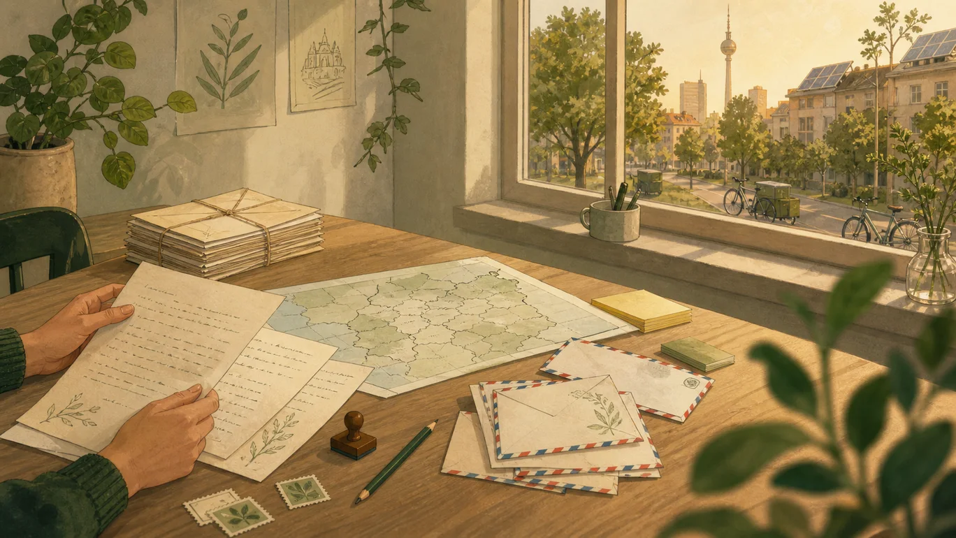 Illustration eines NGO-Tisches mit handgeschriebenen Briefen, Airmail-Umschlägen und einer Wahlkreiskarte vor einem hellen Berliner Fenster