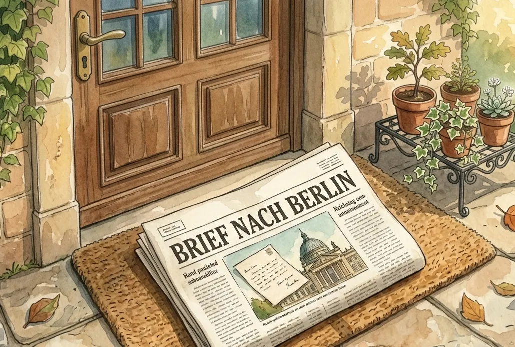 Ghibli-artige Illustration: Eine gefaltete Zeitung liegt auf einer Fußmatte vor einer Haustür, auf der Titelseite die Schlagzeile Brief nach Berlin mit dem Reichstag.