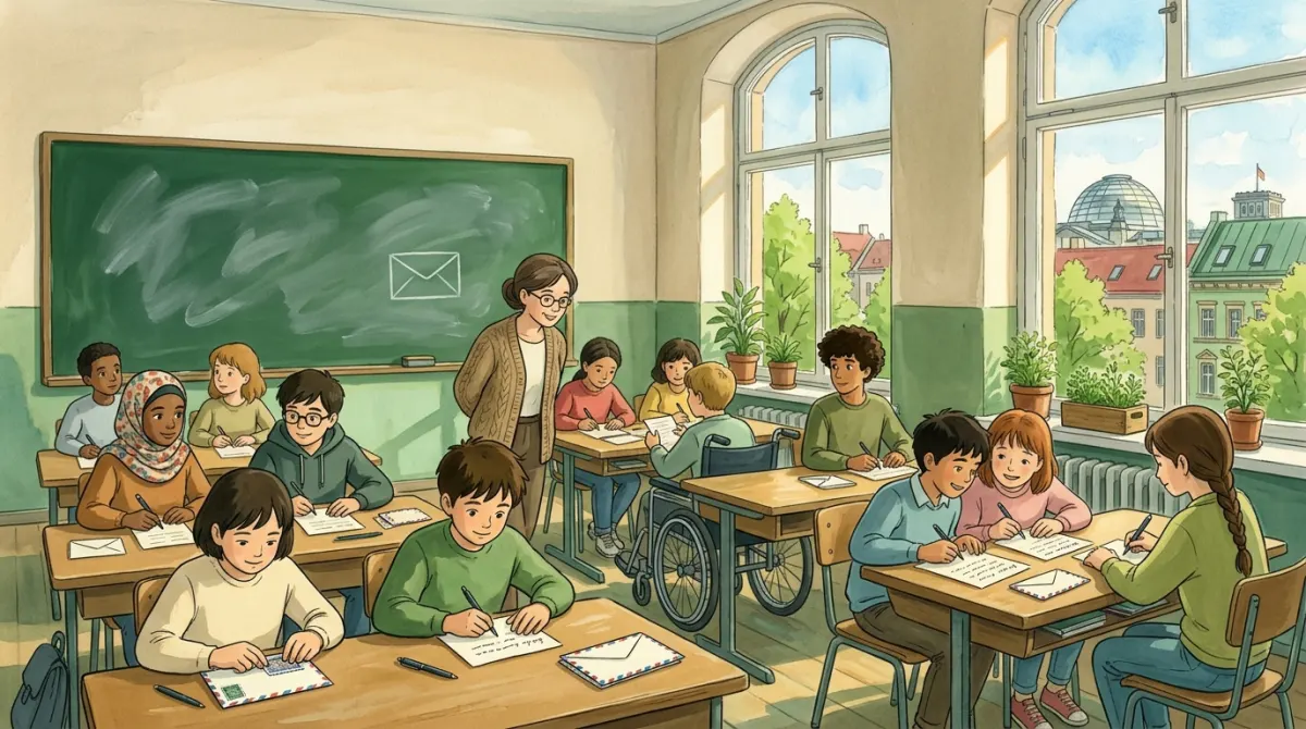 Eine Schulklasse schreibt an Holztischen Briefe von Hand, die Lehrerin geht durch die Reihen, im Fenster die Reichstagskuppel, gemalte Illustration