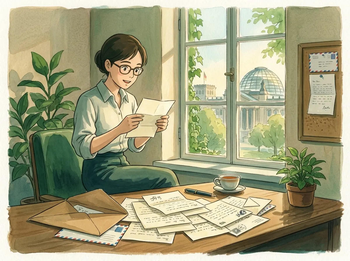 Eine Mitarbeiterin im Abgeordnetenbüro liest die handgeschriebenen Briefe einer Klasse, im Fenster die Reichstagskuppel, gemalte Illustration