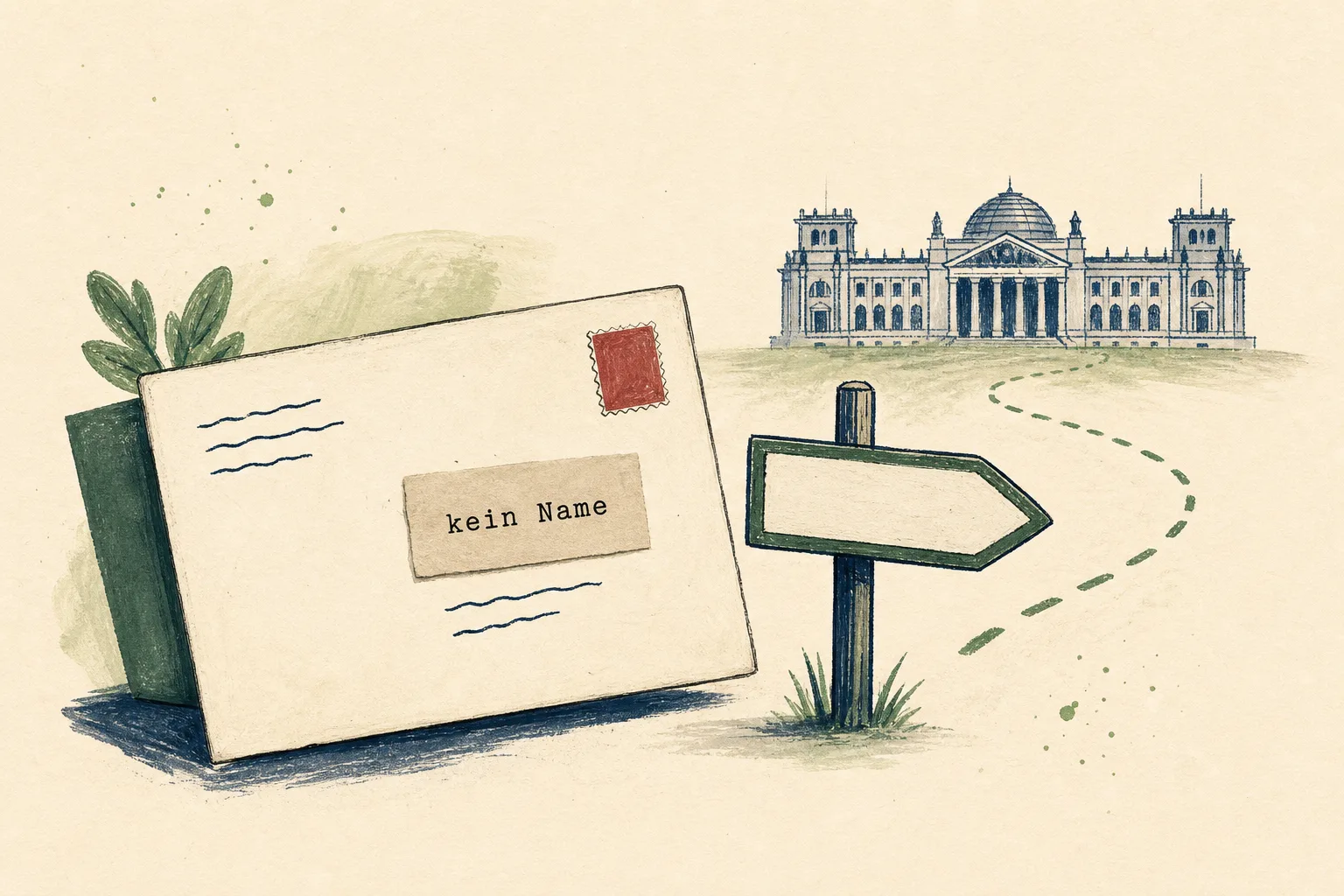 Illustration eines Briefs mit dem Hinweis kein Name, einem Wegweiser und dem Bundestag im Hintergrund