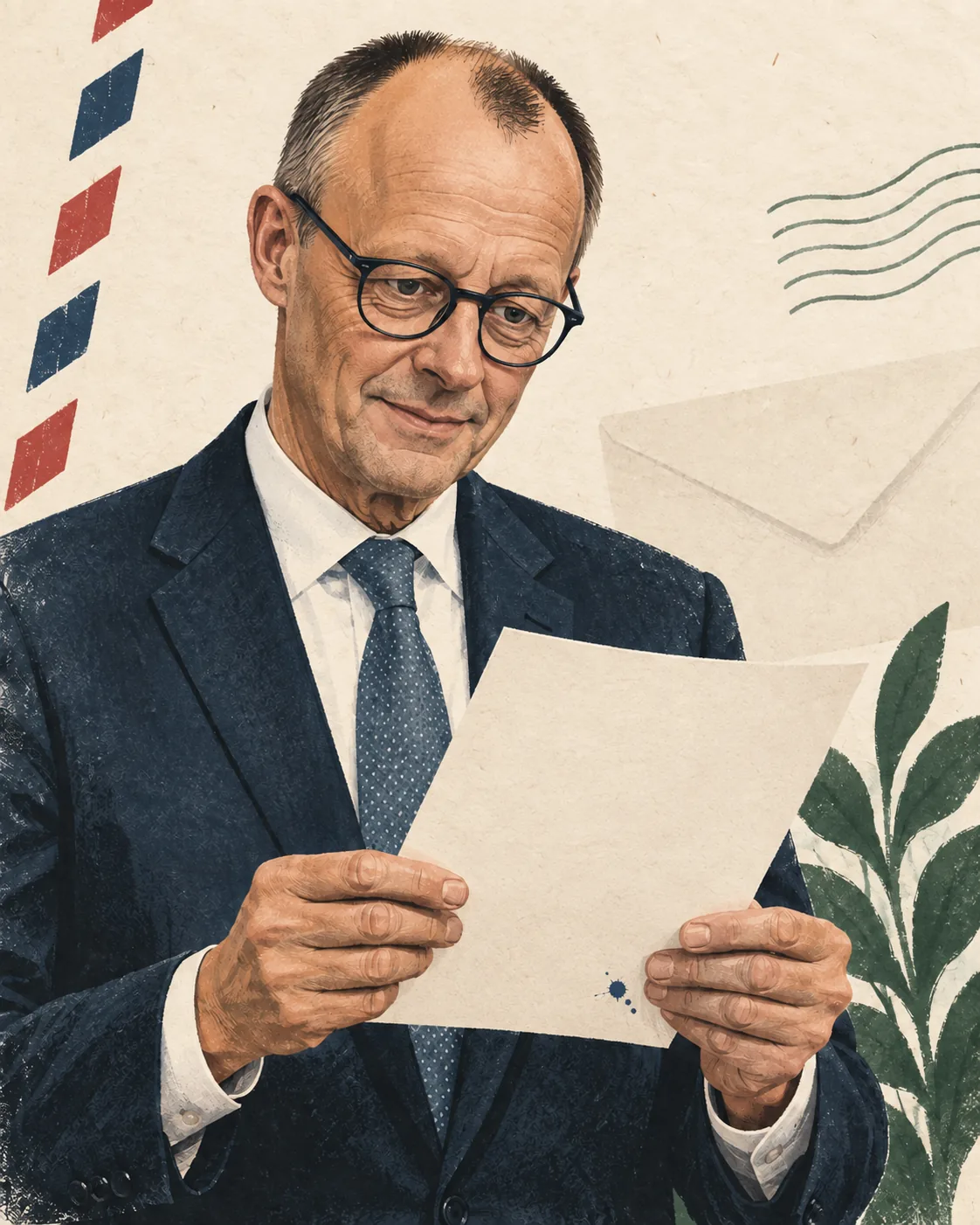 Redaktionelle Illustration von Friedrich Merz mit der blanken Rückseite eines Briefs